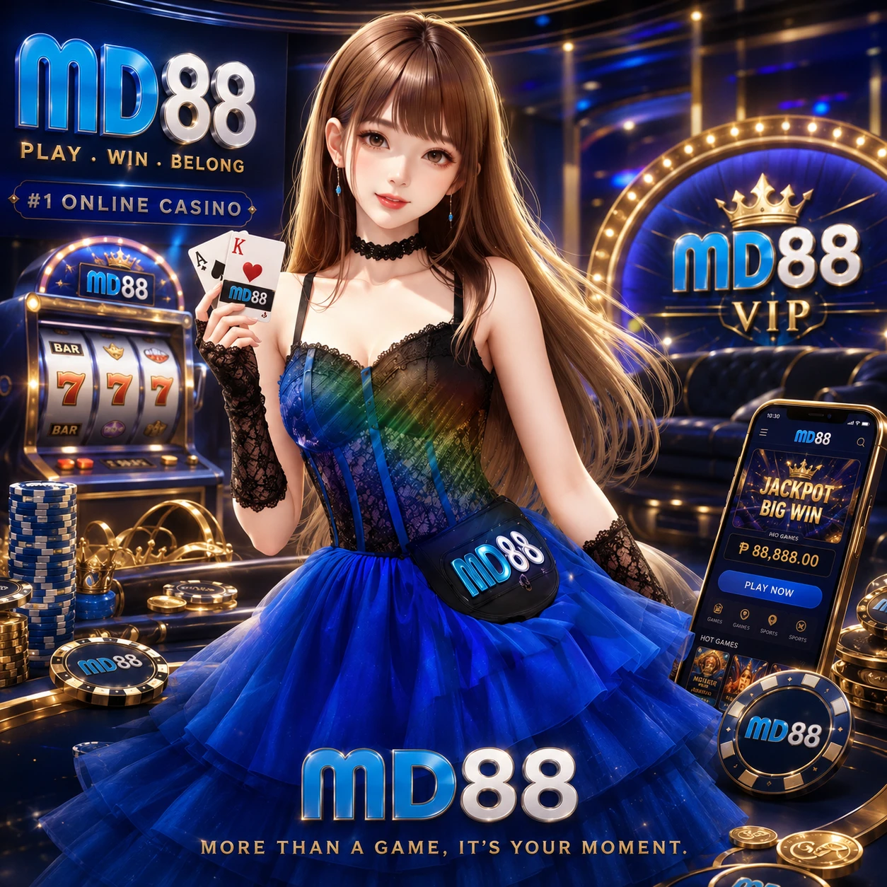 MD88 brand image showing Malaysian-themed casino environment with professional live dealer setup and gold accent design