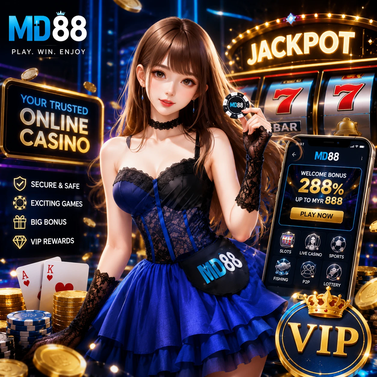 MD88 games lobby banner showcasing slots, live casino tables, sports betting, and fish shooting game categories