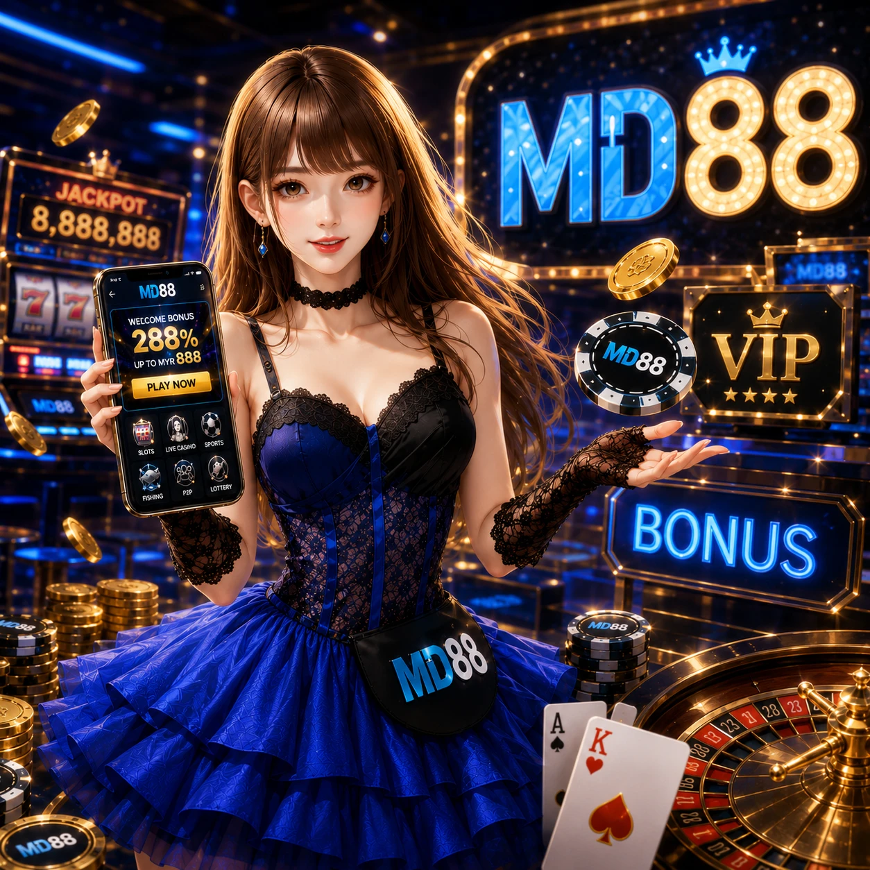 MD88 bonus page hero banner with gold coins, peso signs, and promotional reward badges on dark background