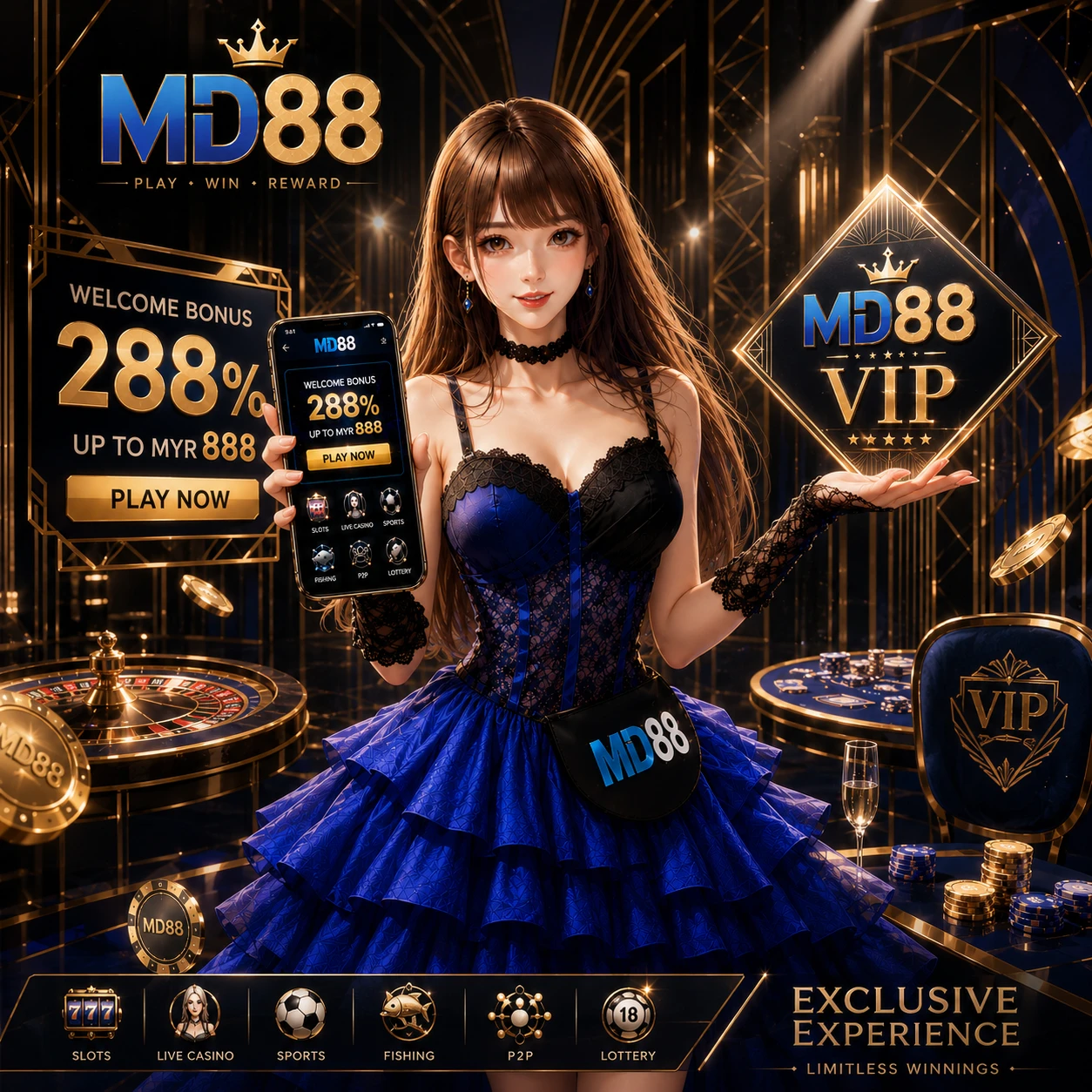 MD88 hero banner showing slot machines and live casino tables with gold and red lighting