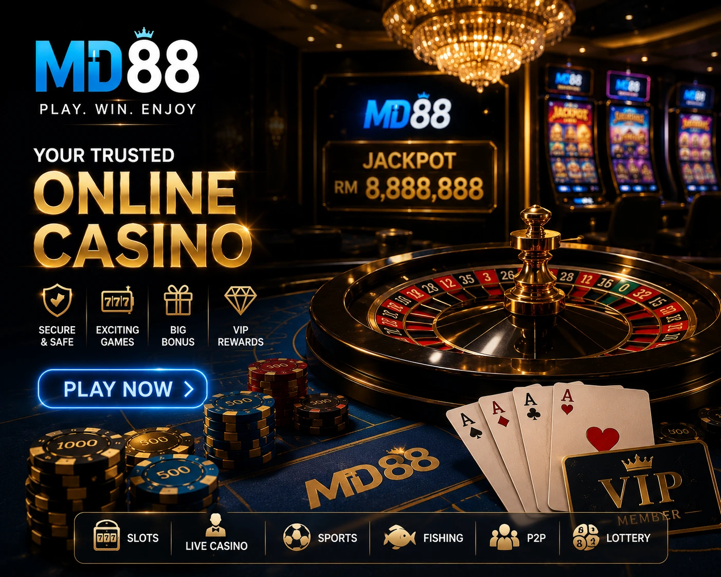 MD88 registration page hero showing welcome bonus offer with gold coins and account creation prompt on dark background