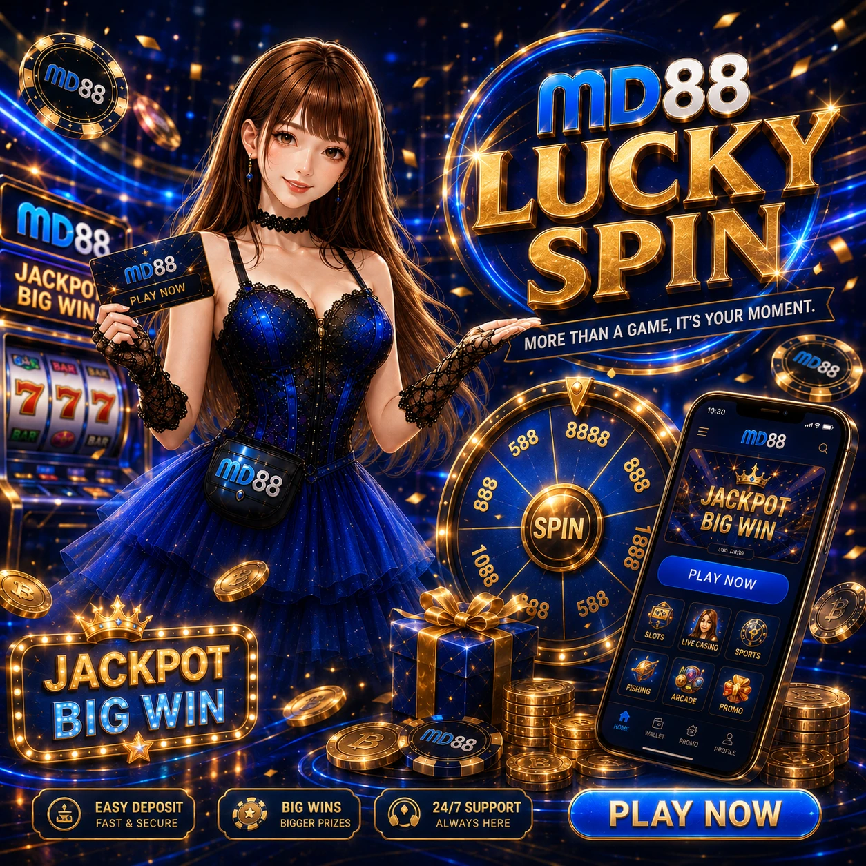 Grid of popular MD88 slot game thumbnails including Super Ace, Golden Empire, and Fortune Gems