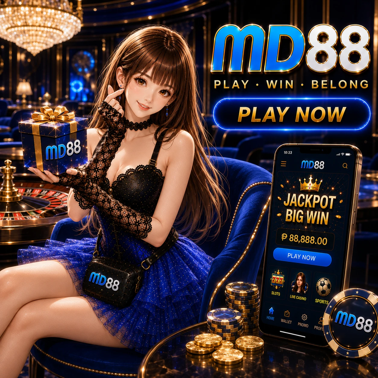 MD88 mobile app displayed on Android and iOS smartphones showing the game lobby and slot interface
