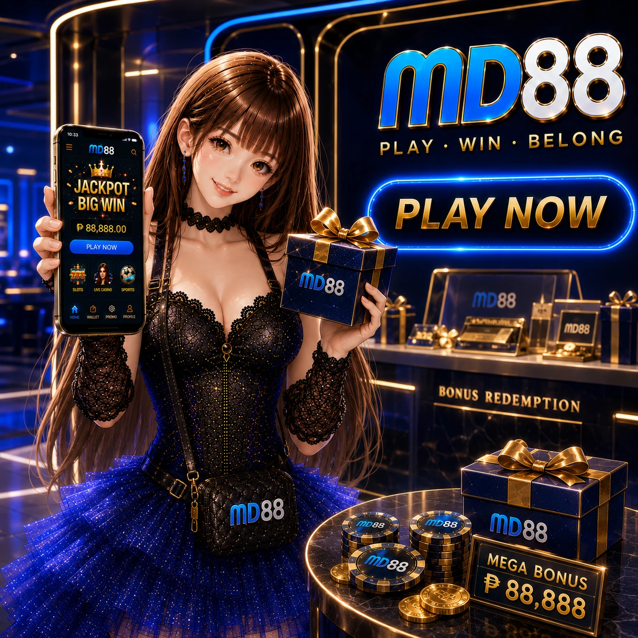 Display of MD88 official licenses and certifications including compliance standard badge, eCOGRA seal, and 18+ responsible gaming badge on dark background